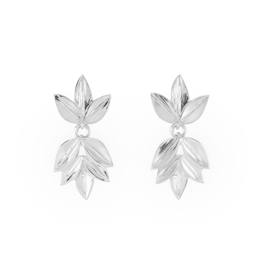 Sterling eight leaf acacia studs with leaves delicately overlapping each other to create a unique pair of statement studs