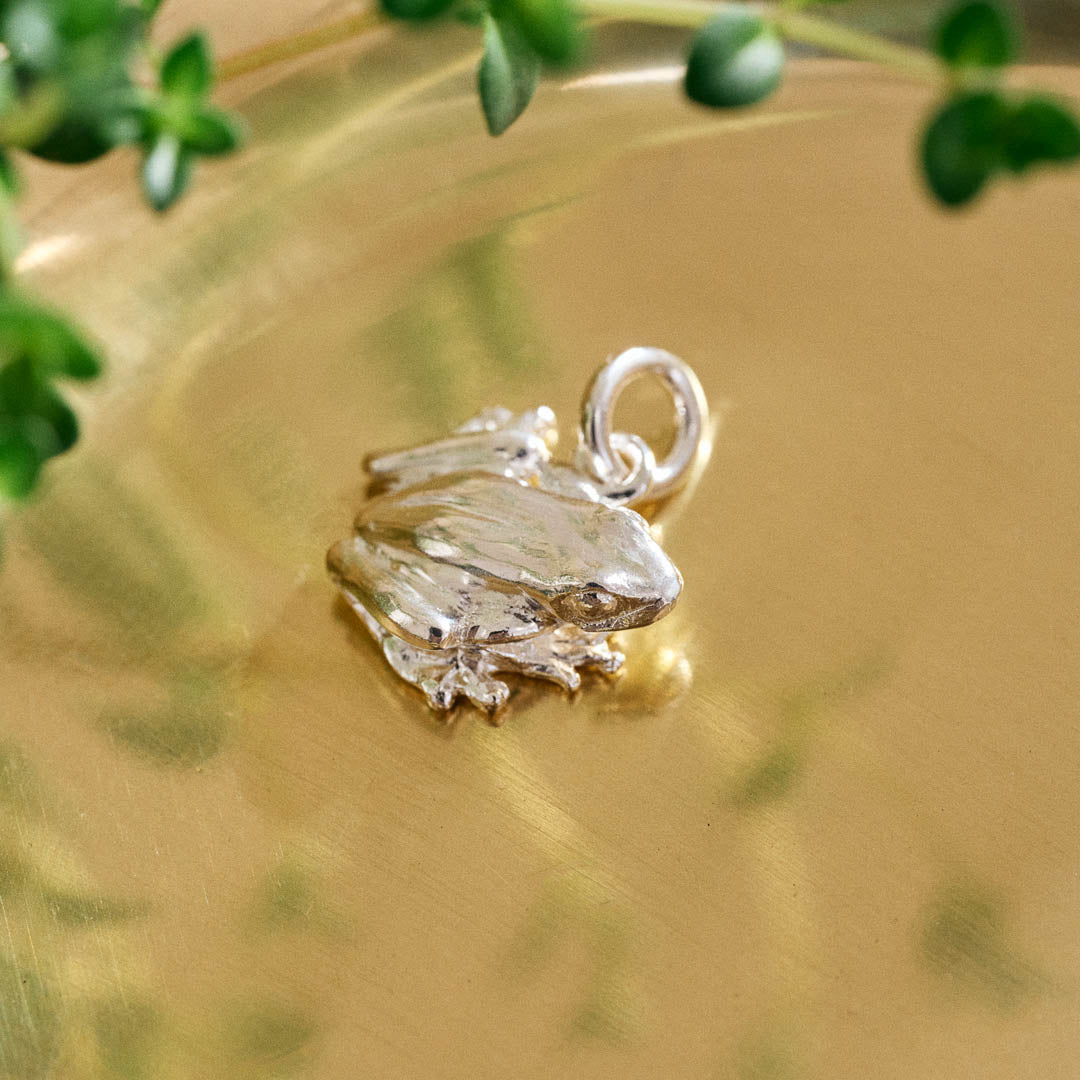 A miniature silver frog jewellery charm.