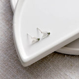Delicate sterling silver two leaf stud earrings set with green tourmalines