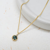 Yellow Gold Teal Sapphire Protea Necklace - Curb Chain