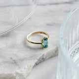 An emerald cut teal tourmaline set in a 9ct yellow gold ring with double cat claws