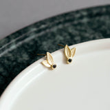 Yellow Gold Two Leaf Stud Earrings Set With Black Diamonds