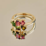 Yellow Gold Watermelon Tourmaline Cluster Ring